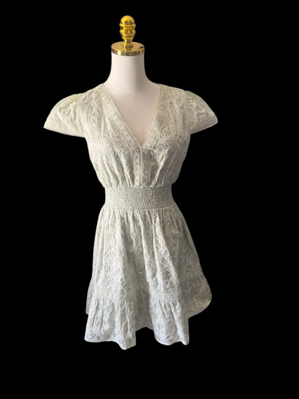 Just Me Lace Mini Dress in Light Sage with Smocked Waist